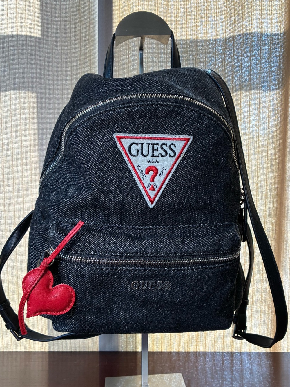 GUESS Black Denim Backpack with Red Heart Accent
